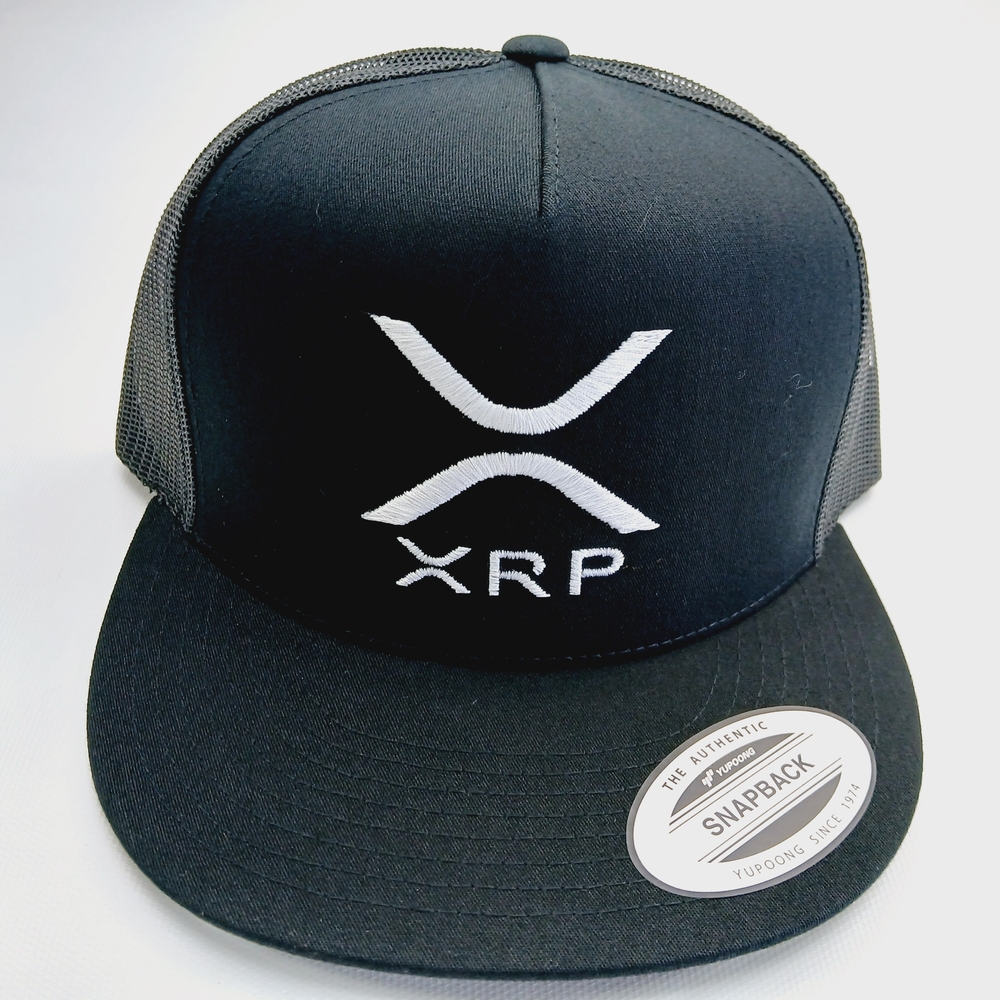 Black Yupoong Flat Bill With White XRP Embroidery Mesh Snapback Hat Cap